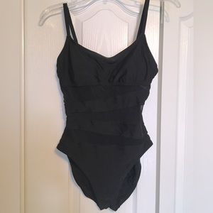 Black full piece swim suit with sheer stripes Size Medium